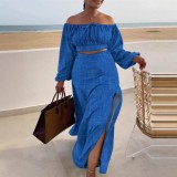 Solid Color Off Shoulder Split Long Skirt 2 Piece Set SFY-9067