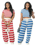 Stripe Short Sleeve T Shirt Wide Leg Pants Suit SFY-2796