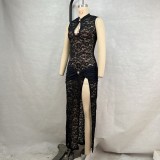 Lace Hollow Out High Split Maxi Dress GPBY-17145