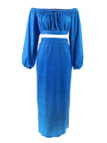 Solid Color Off Shoulder Split Long Skirt 2 Piece Set SFY-9067