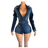 Solid Color Zipper Tie Up Denim Romper MEM-88625