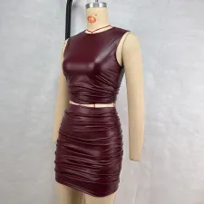 PU Leather Sleeveless Pleated Two Piece Skirts Set GPBY-17153