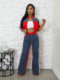 Color Block Zipper Drawstring Tops Pants Suit SFY-2798