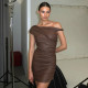 Sleeveless Slash Shoulder Pleated Mini Dress GPBY-17126