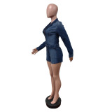 Solid Color Zipper Tie Up Denim Romper MEM-88625