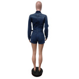 Solid Color Zipper Tie Up Denim Romper MEM-88625