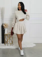 Solid Color Long Sleeve Pleated Skirt 2 Piece Set SFY-2797
