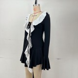 Ruffle Tip Neck Drawstring Flared Sleeve Dress GPBY-17178