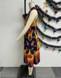 Plus Size Print Sleeveless Lapel Midi Dress NY-10730