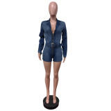 Solid Color Zipper Tie Up Denim Romper MEM-88625