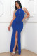Plus Size Halterneck Pearl Chain Backless Split Maxi Dress NY-3360