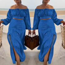 Solid Color Off Shoulder Split Long Skirt 2 Piece Set SFY-9067