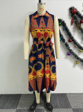 Plus Size Print Sleeveless Lapel Midi Dress NY-10730