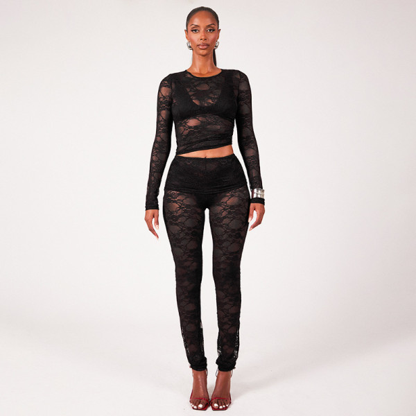 Lace See Through Long Sleeve Pants Suit GPBY-17154