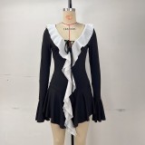 Ruffle Tip Neck Drawstring Flared Sleeve Dress GPBY-17178