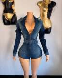 Solid Color Zipper Tie Up Denim Romper MEM-88625