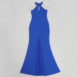 Plus Size Halterneck Pearl Chain Backless Split Maxi Dress NY-3360