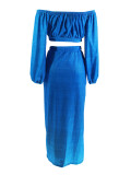 Solid Color Off Shoulder Split Long Skirt 2 Piece Set SFY-9067