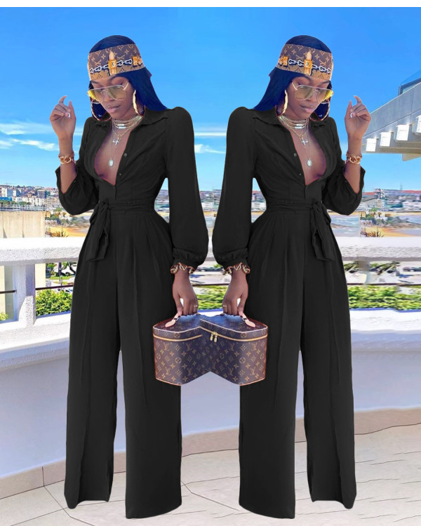 Solid Color Shirt Neck Jumpsuit(With Belt) SFY-8074