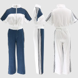 Color Block Zipper Drawstring Tops Pants Suit SFY-2798