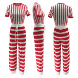 Stripe Short Sleeve T Shirt Wide Leg Pants Suit SFY-2796