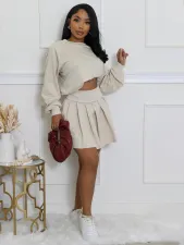 Solid Color Long Sleeve Pleated Skirt 2 Piece Set SFY-2797