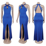 Plus Size Halterneck Pearl Chain Backless Split Maxi Dress NY-3360