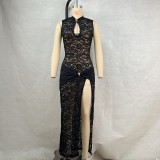 Lace Hollow Out High Split Maxi Dress GPBY-17145