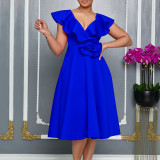 Plus Size V Neck Ruffles Big Swing Midi Dress GATE-565