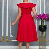 Plus Size V Neck Ruffles Big Swing Midi Dress GATE-565