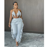 Solid Color Sexy Tassel Backless Pants Suit GCNF-0134