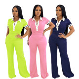 Short Sleeve Contrast Color Casusal Pants Suit SFY-637