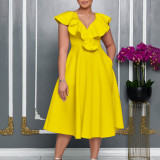 Plus Size V Neck Ruffles Big Swing Midi Dress GATE-565