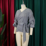 Plus Size V-neck Bubble Sleeve Big Bow Blouse GMLF-3319