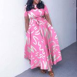 Plus Size Print Tie Up Short Sleeve Maxi Dress GMLF-3323