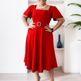 Plus Size Square Neck Solid Corsage High Waist Midi Dress GATE-568