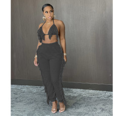 Solid Color Sexy Tassel Backless Pants Suit GCNF-0134