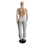 Solid Color Sexy Tassel Backless Pants Suit GCNF-0134