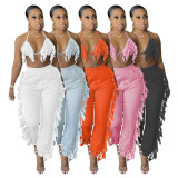Solid Color Sexy Tassel Backless Pants Suit GCNF-0134
