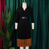 Plus Size Color Block Press Pleated Midi Dress GMLF-3318