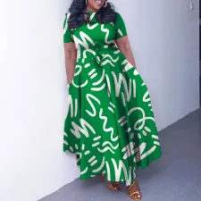 Plus Size Print Tie Up Short Sleeve Maxi Dress GMLF-3323