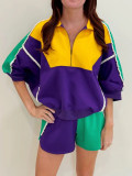 Contrast Color Patchwork Pearl Trim Shorts Set SFY-643