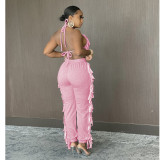 Solid Color Sexy Tassel Backless Pants Suit GCNF-0134