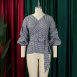 Plus Size V-neck Bubble Sleeve Big Bow Blouse GMLF-3319