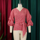 Plus Size V-neck Bubble Sleeve Big Bow Blouse GMLF-3319