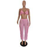 Solid Color Sexy Tassel Backless Pants Suit GCNF-0134
