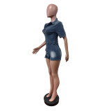 Short Sleeve Washed Denim Romper MEM-88626