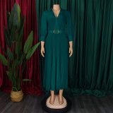 Plus Size V Neck Press Pleated Midi Dress GCZF-8622
