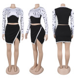 Long Sleeve Print Crop Tops Skirt 2 Piece Set FSXF-752