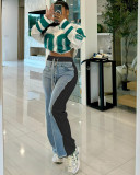Denim Print Contrast Color Casual Pants QXLB-10117
